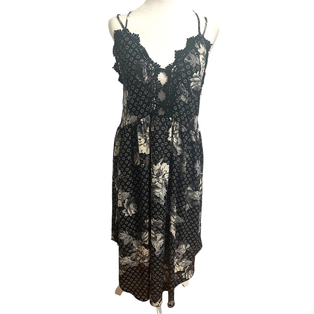 Free People Black‎ white XS boho maxi whimsy dark romantic floral halter dress